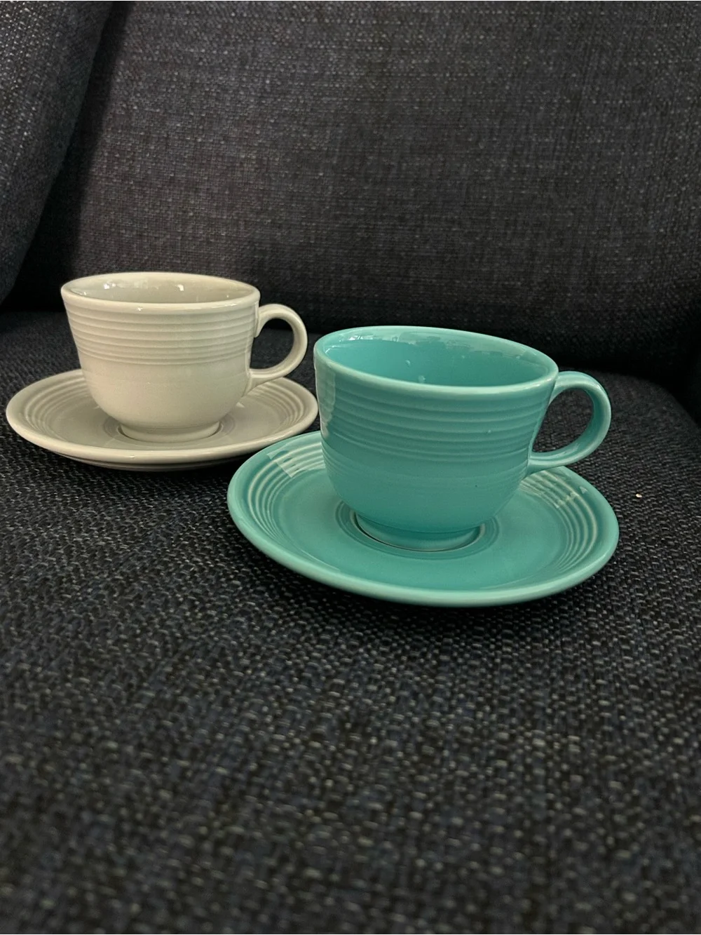 Pair of Fiesta Ceramic Teacups & Saucers - Aqua and gray
